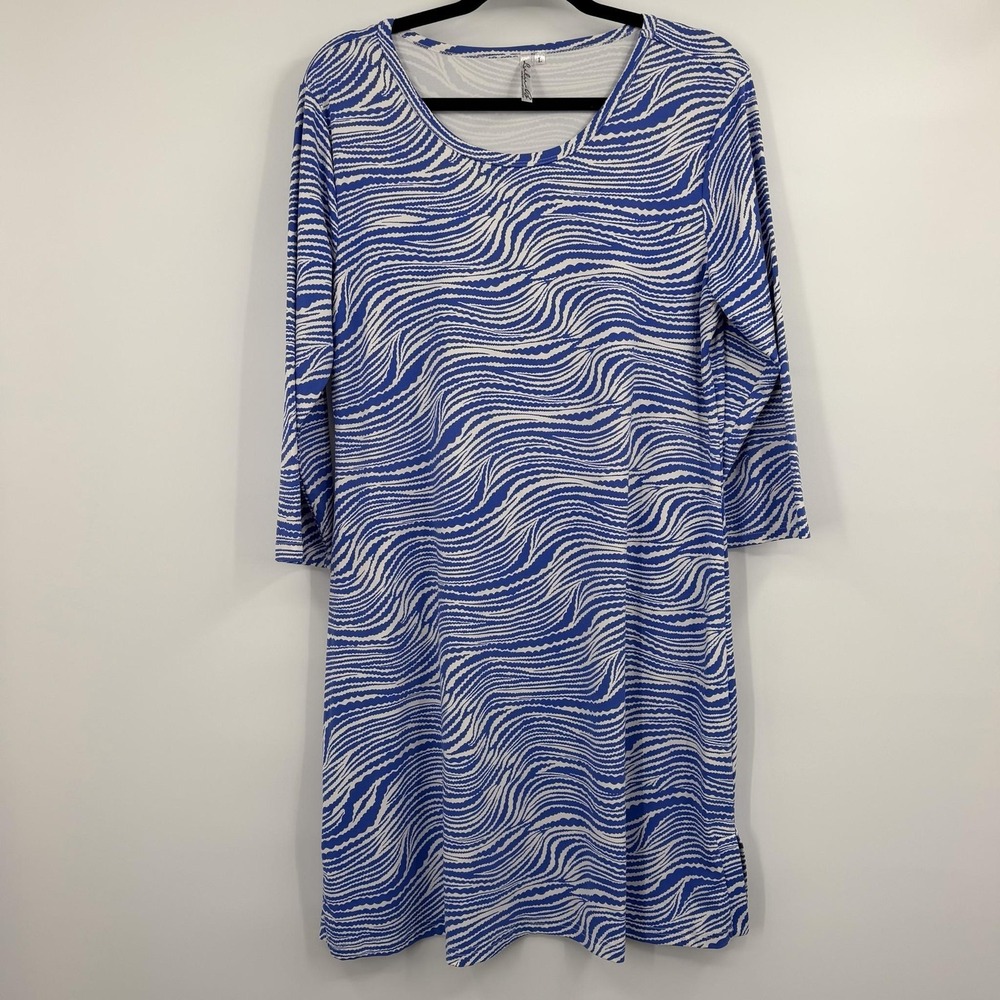 Lulu B Dress Womens Large Blue Striped Shift Nylon UPF  Tropical Stretch Beach